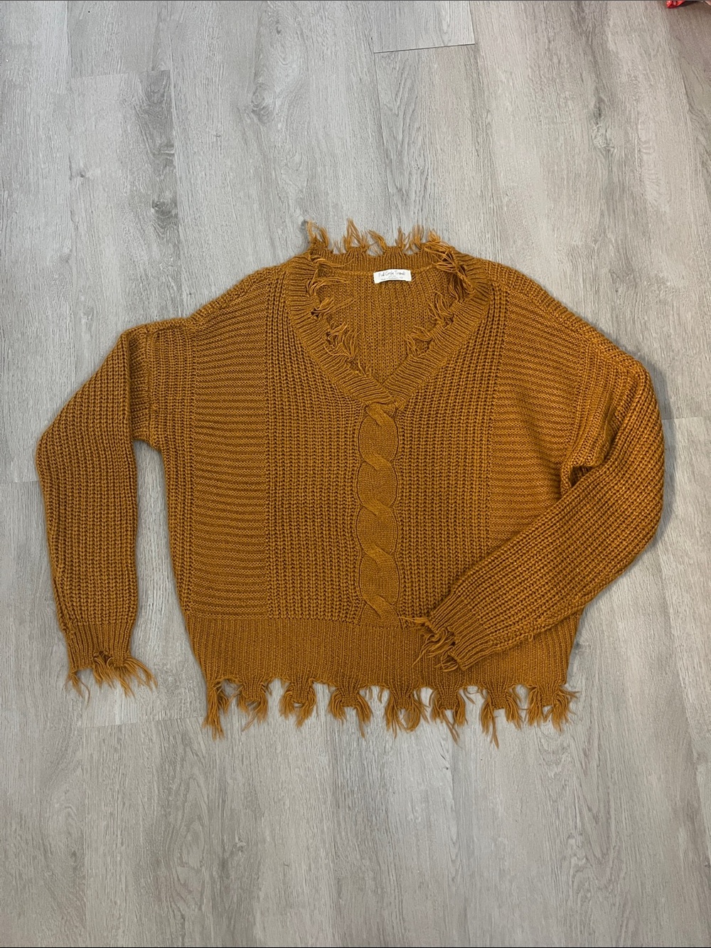 Distressed V-Neck Cable Knit Sweater - Mustard